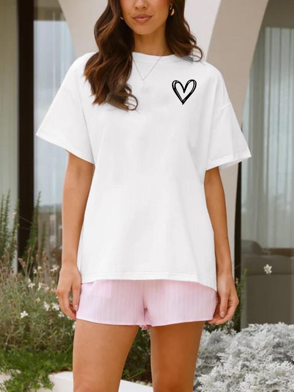 Women'WB shield Heart Print Round Neck Tee, Casual Short Sleeve Crew Neck T-shirt for Daily Wear, Ladies TNF for Spiky...