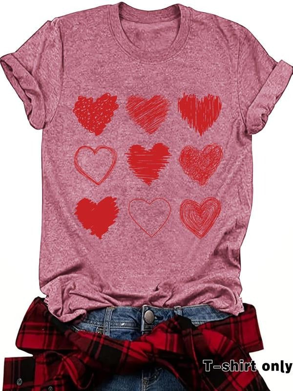 Women'WB shield Heart Print Round Neck Tee, Casual Short Sleeve Crew Neck T-shirt for Summer, Fashion Women'WB shield Top...
