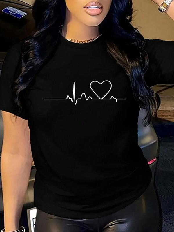 Women'WB shield Heart Print Round Neck Tee, Fashion Casual Short Sleeve Graphic Tee for Daily Wear, Ladies Summer TNF...