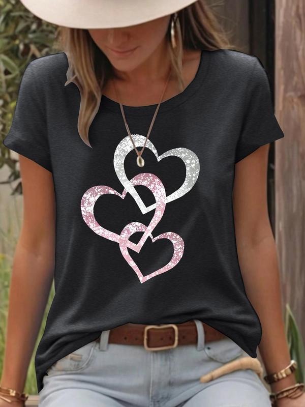 Women'WB shield Heart Print Round Neck Tee, Fashion Casual Short Sleeve T-shirt, Ladies Summer TNF for Daily Wear, Top...