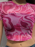 Women'WB shield Heart Print Sheer Round Neck Crop Tee, Fashion Casual Short Sleeve T-shirt for Daily Outdoor Wear, Ladies...