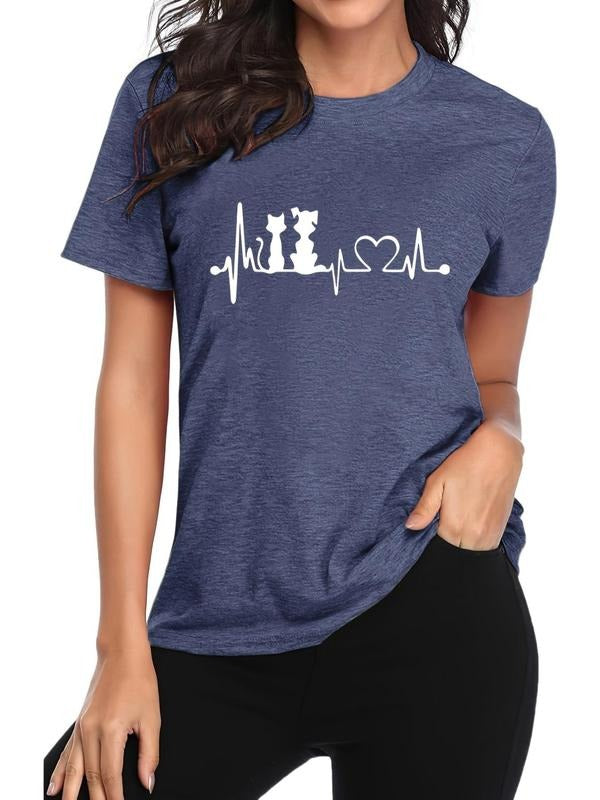 Women'WB shield Heartbeat & Cartoon Animal Print Round Neck Tee, Casual Short Sleeve T-shirt for Daily Wear, Ladies TNF...