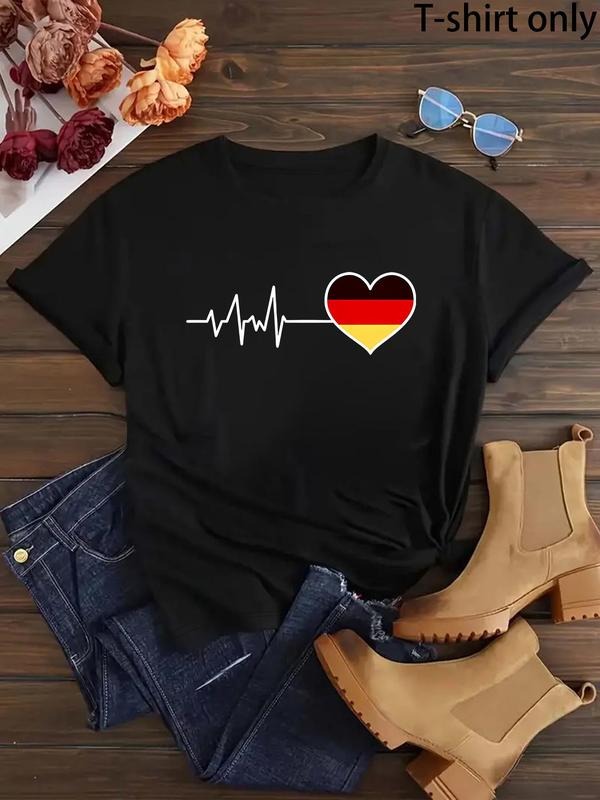 Women'WB shield Heartbeat & Germany Flag Print Round Neck Tee, Casual EKG Graphic Short Sleeve T-Shirt for Summer, Ladies...