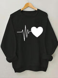 Women'WB shield Heartbeat & Heart Print Round Neck Sweatshirt, Casual Long Sleeve Crew Neck Pullover for Spring & Fall,...