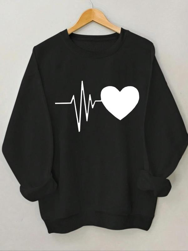 Women'WB shield Heartbeat & Heart Print Round Neck Sweatshirt, Casual Long Sleeve Crew Neck Pullover for Spring & Fall,...