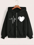 Women'WB shield Heartbeat & Heart Print Zip Up Hoodie, Casual Long Sleeve Hooded Sweatshirt for Daily Wear, Ladies TNF...