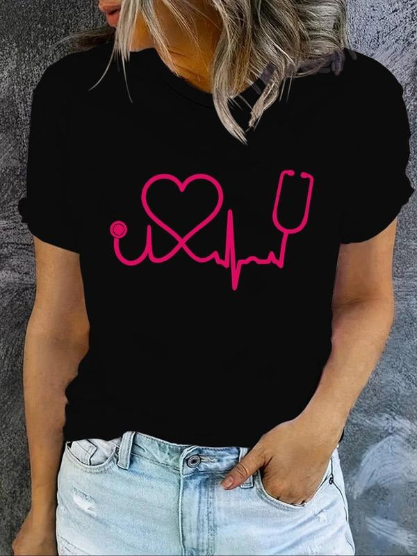 Women'WB shield Heartbeat & Nurse Print Round Neck Tee, Casual Short Sleeve Crew Neck T-shirt for Daily Wear, Ladies TNF...