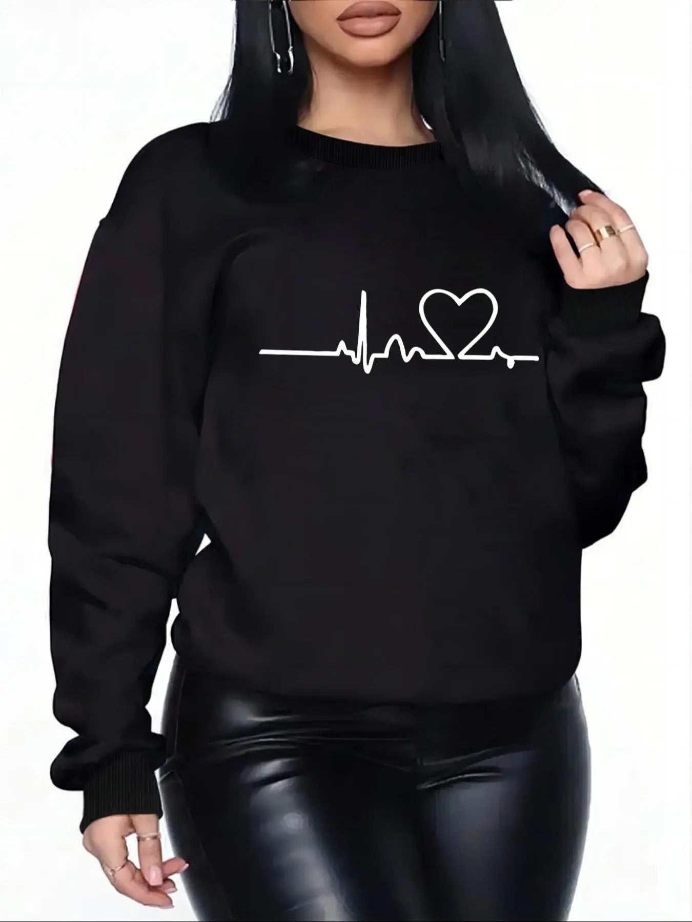 Women'WB shield Heartbeat Print Round Neck Sweatshirt, Casual Long Sleeve Crew Neck Pullover for Daily Wear, Ladies TNF...
