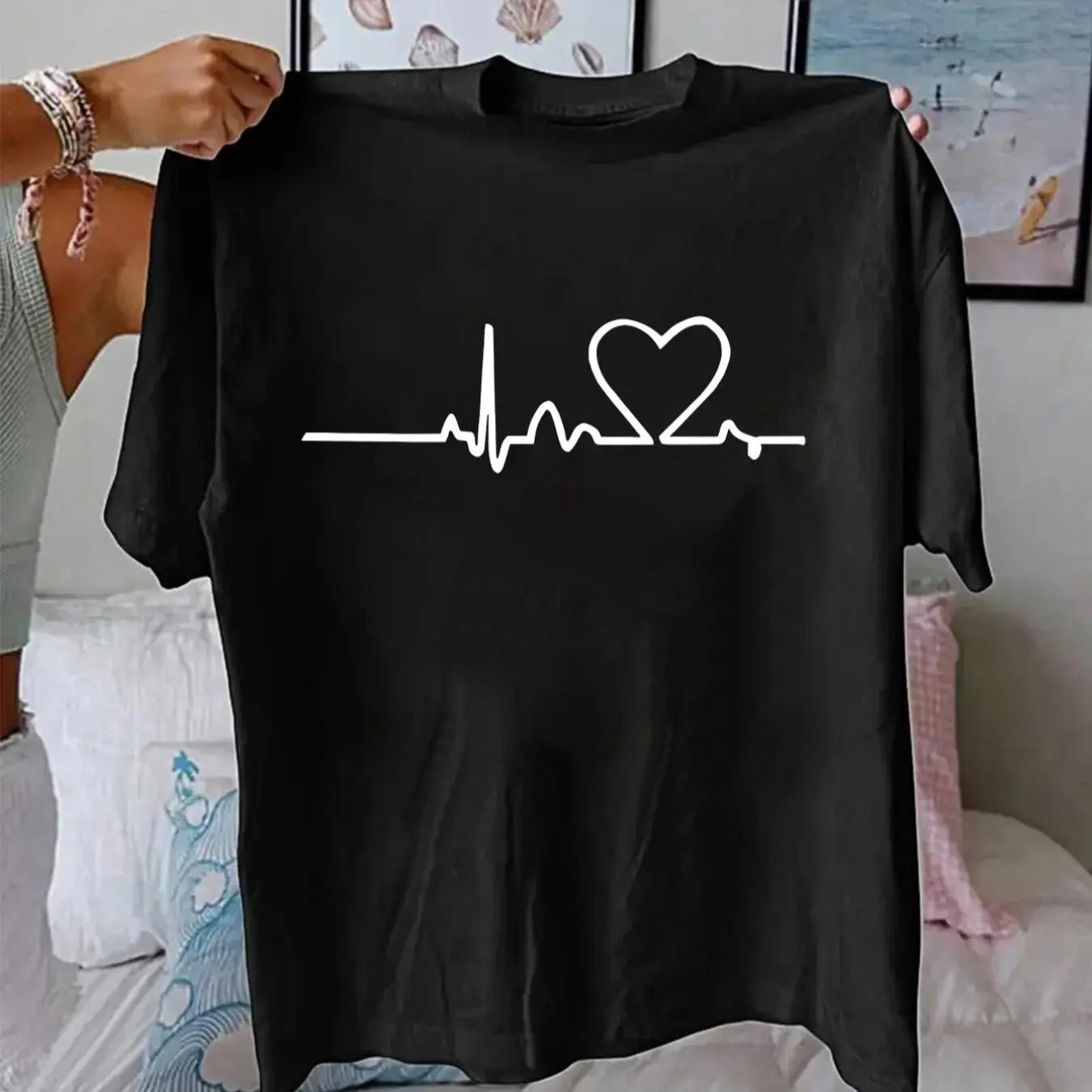 Women'WB shield Heartbeat Print Round Neck Tee, Casual Drop Shoulder Short Sleeve T-shirt for Summer, Ladies TNF for...