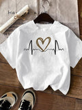 Women'WB shield Heartbeat Print Round Neck Tee, Casual Short Sleeve Crew Neck T-shirt for Summer, Fashion Women'WB shield...