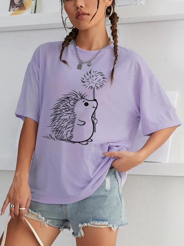 Women'WB shield Hedgehog Print Round Neck Tee, Casual Short Sleeve Crew Neck T-shirt for Summer, Fashion Women'WB shield...