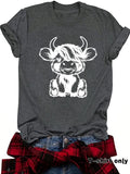 Women'WB shield Highland Cow Print Round Neck Tee, Casual Fashion Short Sleeve T-shirt for Summer, Ladies TNF for Daily...