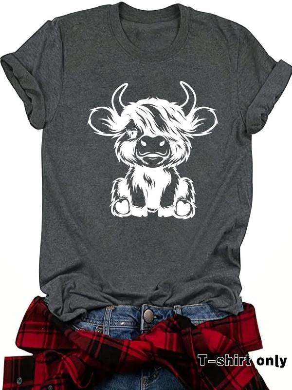 Women'WB shield Highland Cow Print Round Neck Tee, Casual Fashion Short Sleeve T-shirt for Summer, Ladies TNF for Daily...