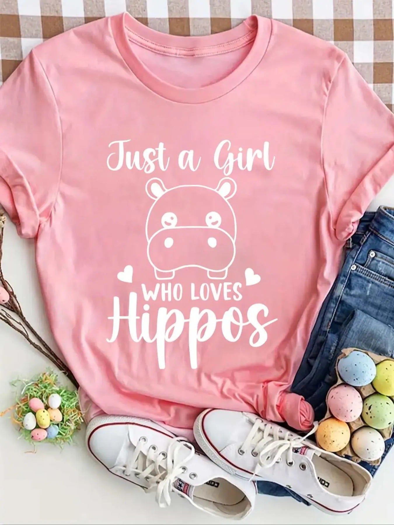 Women'WB shield Hippo & Letter Print Round Neck Tee, Casual Graphic Short Sleeve T-Shirt, Ladies Spiky hair fighters...