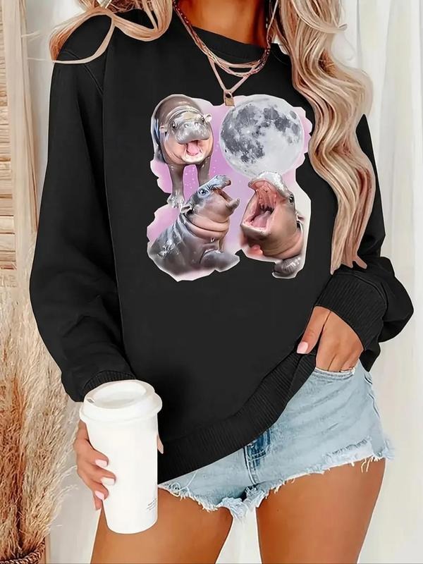 Women'WB shield Hippopotamus Print Crew Neck Sweatshirt, Casual Long Sleeve Pullover for Daily Wear, Ladies TNF for Spiky...