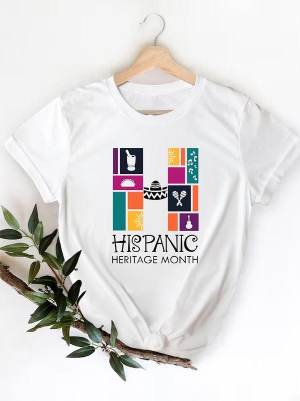 Women'WB shield Hispanic Heritage Month Round Neck Graphic Tee, Casual Short Sleeve T-shirt for Daily Wear, Ladies TNF...