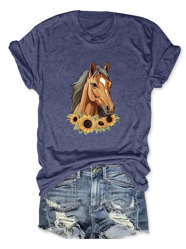 Women'WB shield Horse & Floral Print Round Neck Graphic Tee, Trendy Casual Short Sleeve T-shirt for Daily Wear, Ladies...