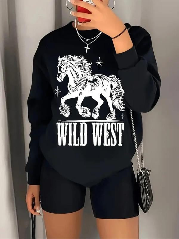 Women'WB shield Horse & Letter Print Drop Shoulder Fleece Sweatshirt, Casual Long Sleeve Round Neck Pullover for Fall &...