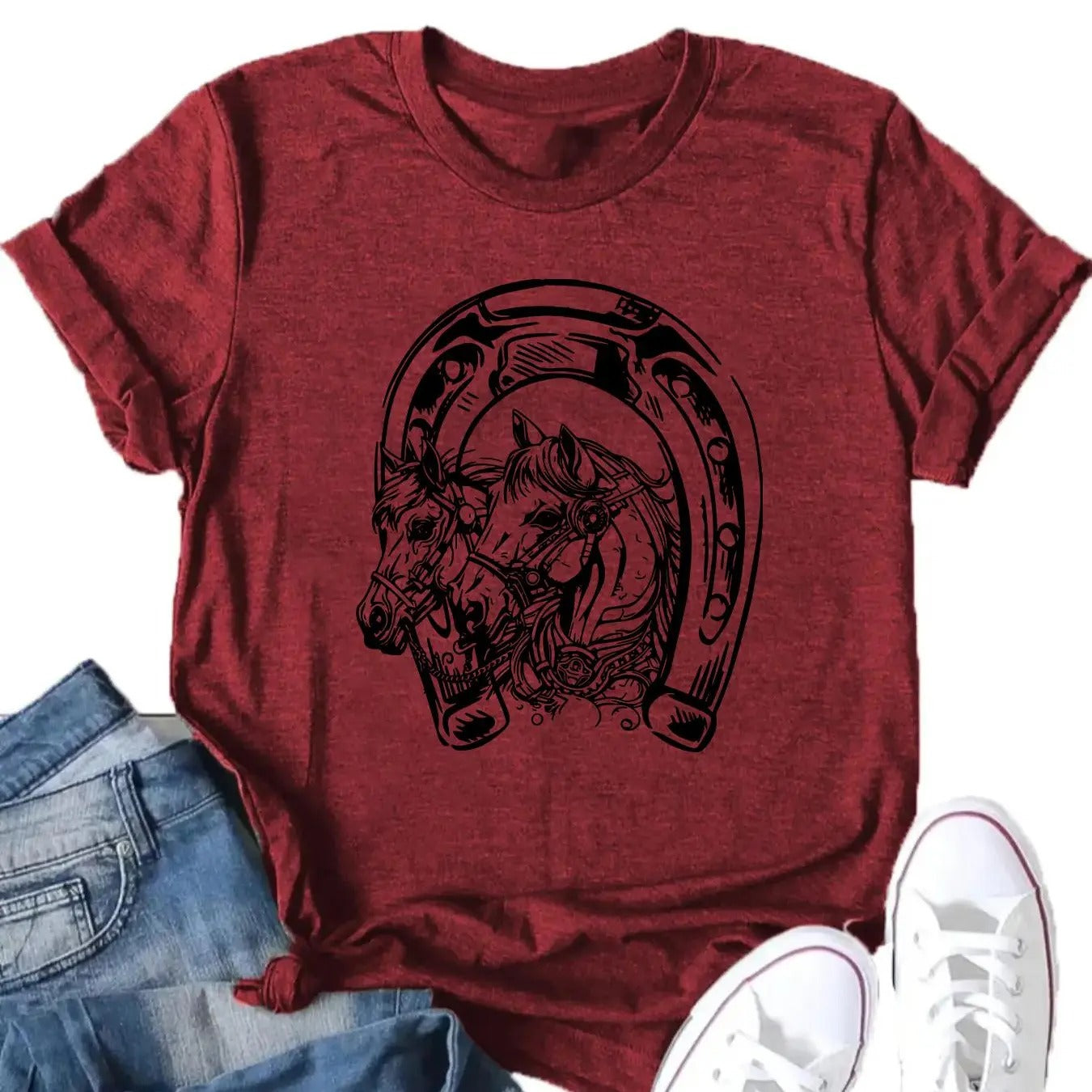 Women'WB shield Horse Print Round Neck Tee, Casual Short Sleeve Crew Neck T-Shirt for Summer, Fashion Women'WB shield Top...