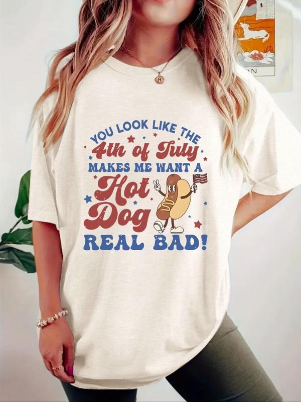 Women'WB shield Hot Dog & Letter Print Round Neck Tee, Casual Fashion T-shirt for Summer, Ladies TNF for Daily Wear, Top...