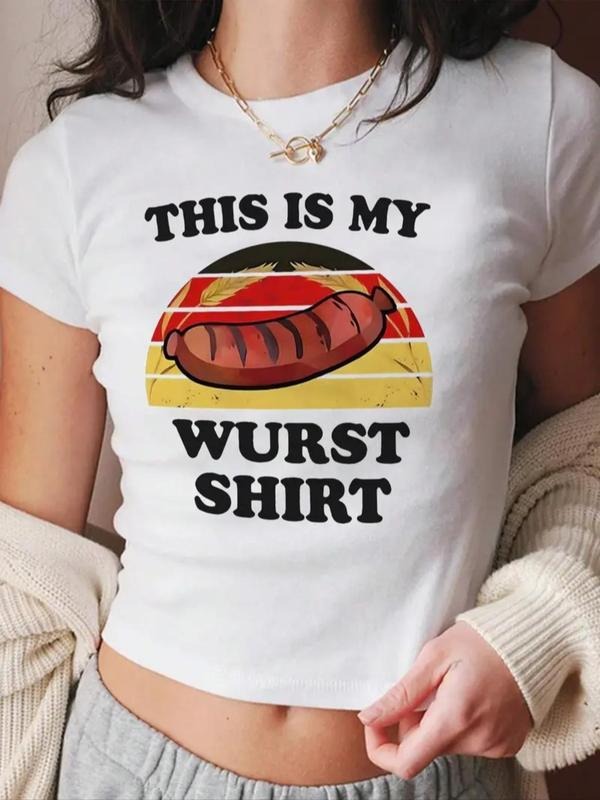 Women'WB shield Hot Dog & Letter Print Round Neck Tee, Casual Short Sleeve Crew Neck T-Shirt for Summer, Fashion Women'WB...