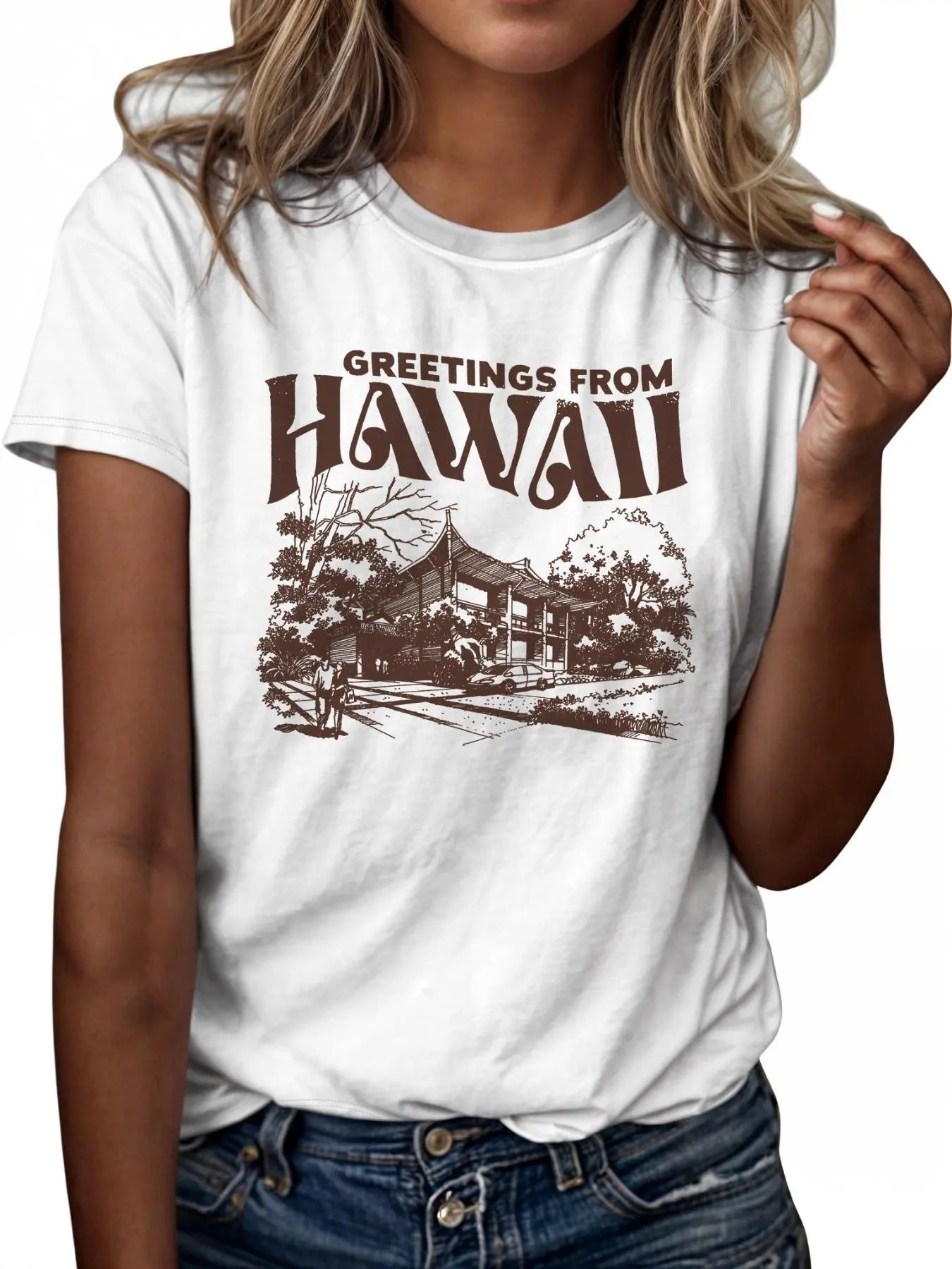 Women'WB shield House & Letter Print Short Sleeve Tee, Casual Round Neck T-Shirt, Ladies Spiky hair fighters Seasons...