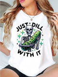 Women'WB shield Hugging Cucumber Skeleton GA & Letter Print Round Neck Tee, Fashion Casual Crew Neck T-shirt for Daily...