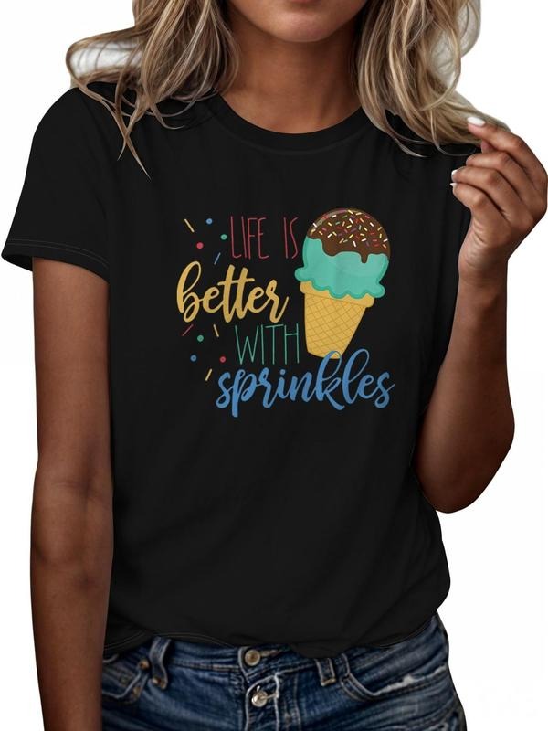 Women'WB shield Ice Cream & Letter Print Round Neck Tee, Casual Short Sleeve T-shirt, Ladies Spiky hair fighters Seasons...