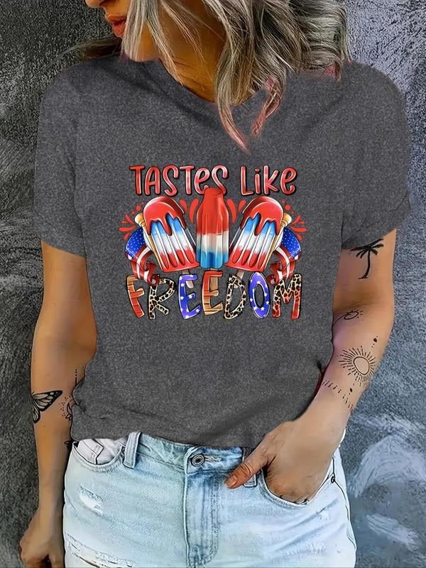 Women'WB shield Ice Pop & Letter Print Round Neck Tee, Fashion Casual Short Sleeve Crew Neck T-shirt for Daily Holiday...