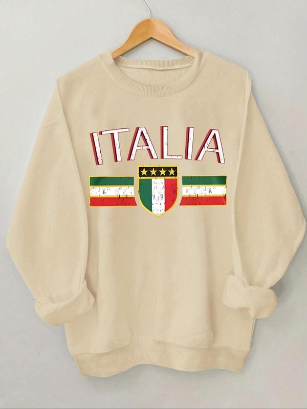 Women'WB shield Italy Flag & Letter Print Round Neck Sweatshirt, Casual Long Sleeve Crew Neck Pullover for Spring & Fall,...
