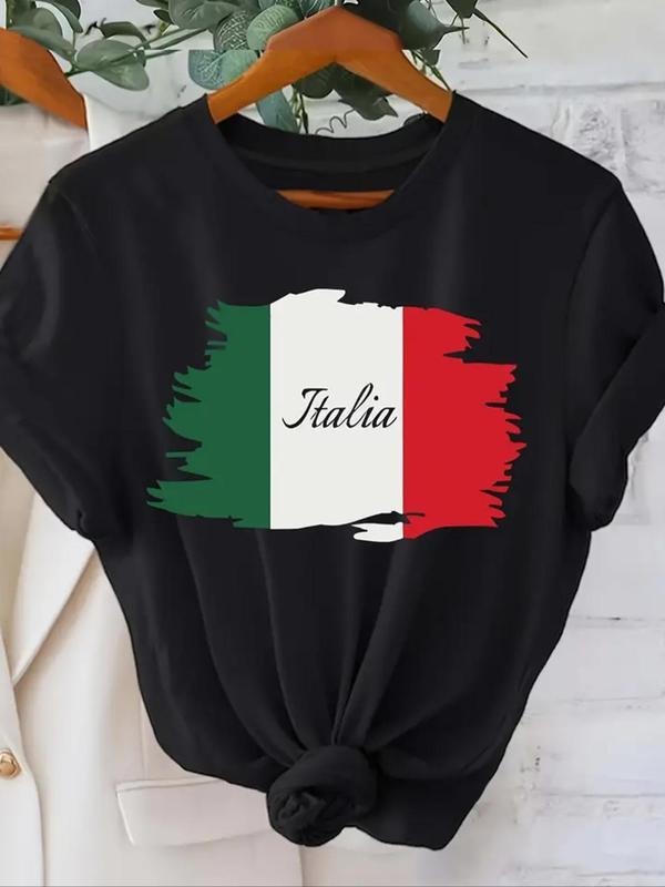 Women'WB shield Italy Flag & Letter Print Round Neck Tee, Casual Short Sleeve T-Shirt for Summer, Ladies TNF for Daily...