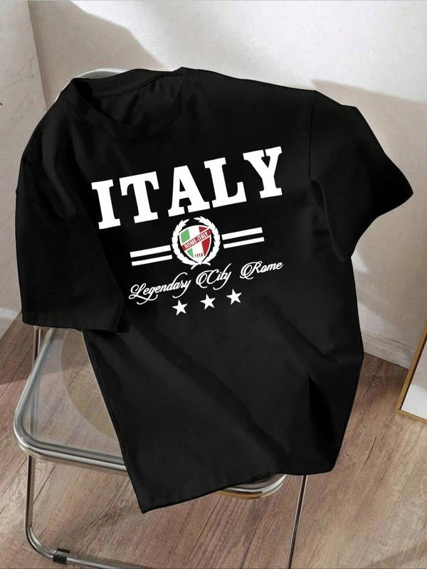 Women'WB shield Italy Flag & Letter Print Round Neck Tee, Casual Short Sleeve T-shirt for Daily Wear, Ladies TNF for...