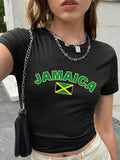 Women'WB shield Jamaica Flag & Slogan Print Round Neck Crop Tee, Y2K Casual Slim-fitting Short Sleeve T-shirt, Ladies...
