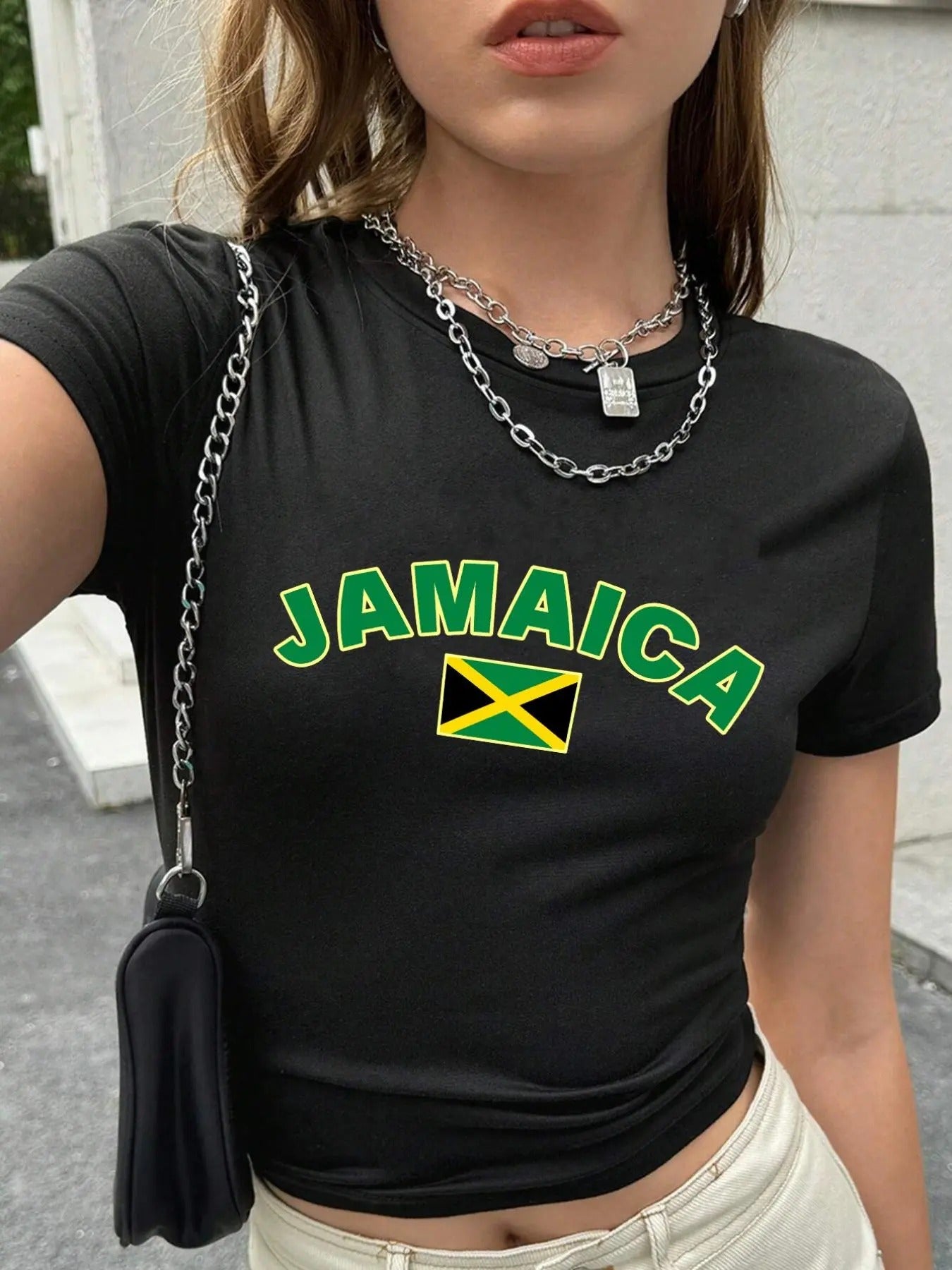 Women'WB shield Jamaica Flag & Slogan Print Round Neck Crop Tee, Y2K Casual Slim-fitting Short Sleeve T-shirt, Ladies...