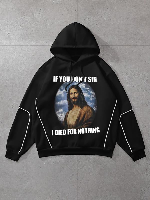 Women'WB shield Jesus & Letter Print Drawstring Hoodie, Fashion Casual Hooded Sweatshirt for Daily Holiday Outdoor Wear,...