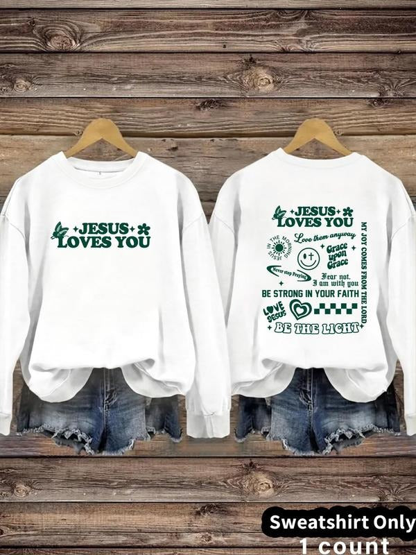 Women'WB shield Jesus Loves You Print Crew Neck Sweatshirt, Casual Long Sleeve Pullover for Daily Wear, Ladies TNF for...