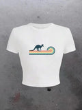 Women'WB shield Kangaroo & Rainbow Print Round Neck Tee, Casual Short Sleeve Crew Neck T-Shirt for Summer, Fashion...