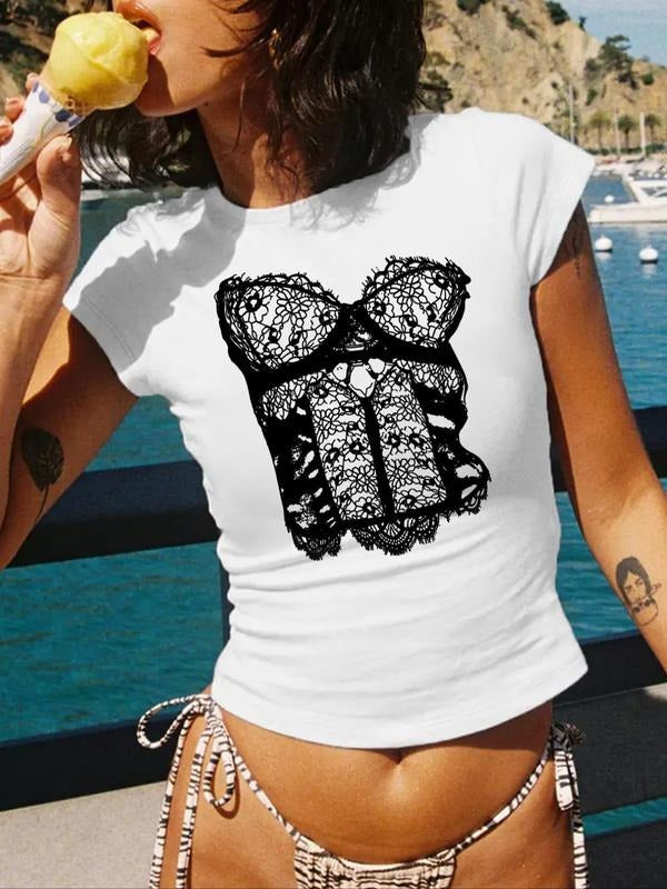 Women'WB shield Lace Bra Round Neck Tee, Fashion Casual Crew Neck T-shirt for Daily Holiday Vacation Outdoor Wear, Ladies...