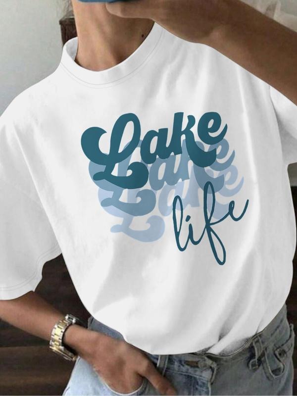 Women'WB shield Lake Life Letter Print Round Neck Graphic Tee, Vintage Trendy Casual Short Sleeve T-shirt for Daily Wear,...