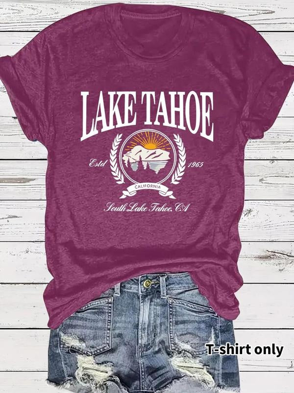 Women'WB shield Lake Tahoe Graphic Round Neck Tee, Casual Fashion Short Sleeve T-shirt for Summer, Ladies TNF for Daily...