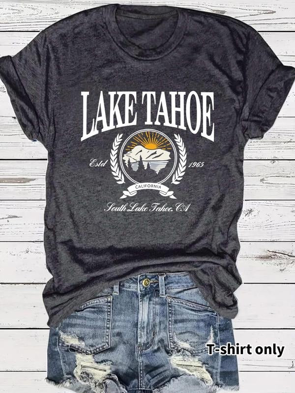 Women'WB shield Lake Tahoe Graphic Round Neck Tee, Fashion Casual Short Sleeve T-shirt for Daily Wear, Ladies Summer TNF,...
