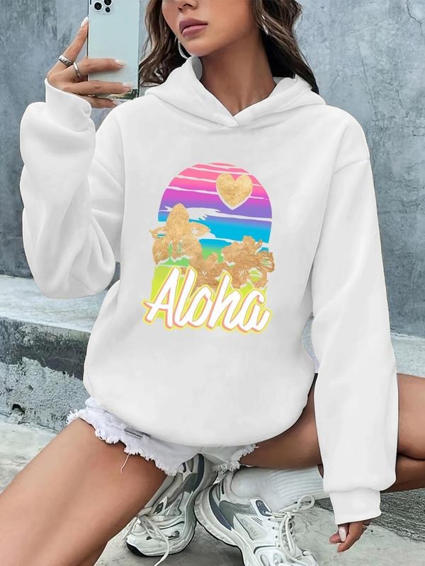 Women'WB shield Landscape & Floral & Letter Print Drop Shoulder Hoodie, Fashion Casual Graphic Long Sleeve Hooded...