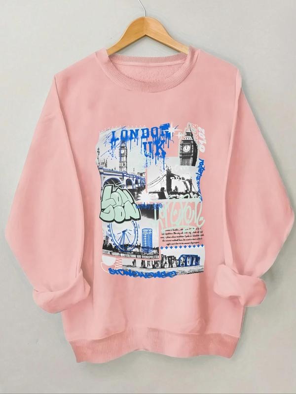 Women'WB shield Landscape & Letter Print Crew Neck Sweatshirt, Casual Long Sleeve Pullover for Daily Wear, Ladies TNF for...