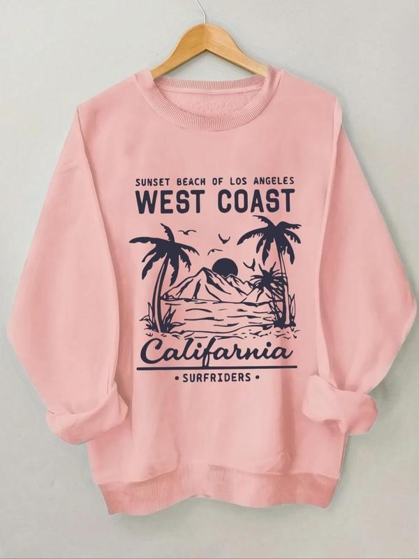 Women'WB shield Landscape & Letter Print Crew Neck Sweatshirt, Casual Long Sleeve Pullover for Daily Wear, Women Clothing...