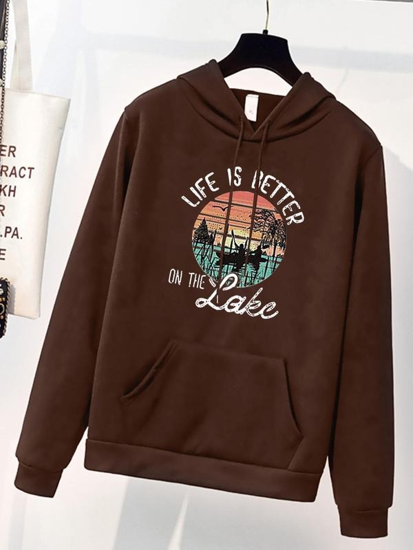 Women'WB shield Landscape & Letter Print Drawstring Pocket Hoodie, Fashion Casual Hooded Long Sleeve Pullover for Daily...