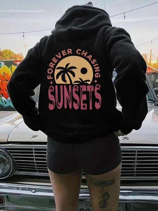 Women'WB shield Landscape & Letter Print Drop Shoulder Hoodie, Fashion Casual Long Sleeve Hooded Sweatshirt for Daily...