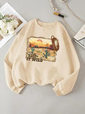 Women'WB shield Landscape & Letter Print Drop Shoulder Sweatshirt, Casual Long Sleeve Round Neck Pullover for Daily Wear,...