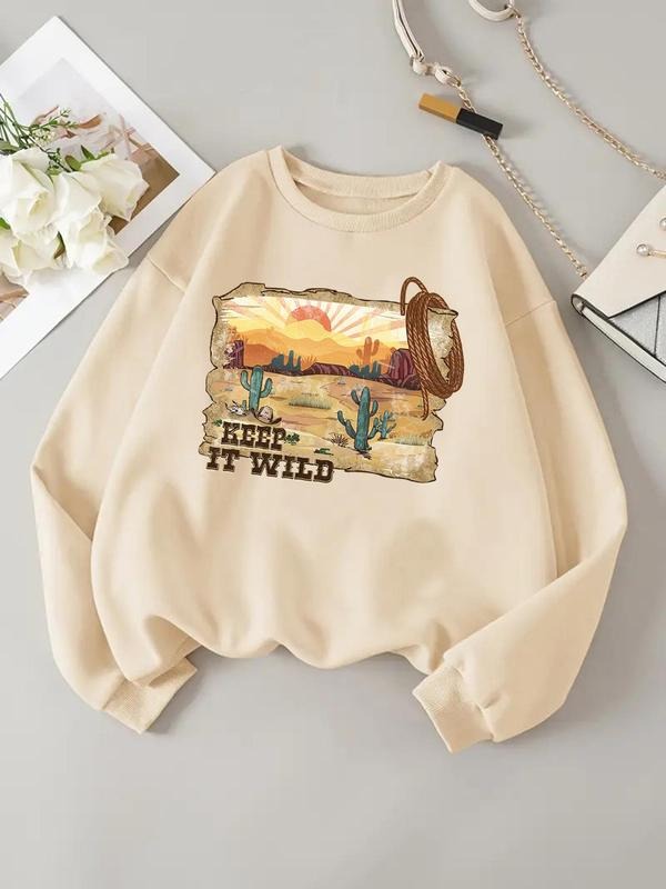 Women'WB shield Landscape & Letter Print Drop Shoulder Sweatshirt, Casual Long Sleeve Round Neck Pullover for Daily Wear,...