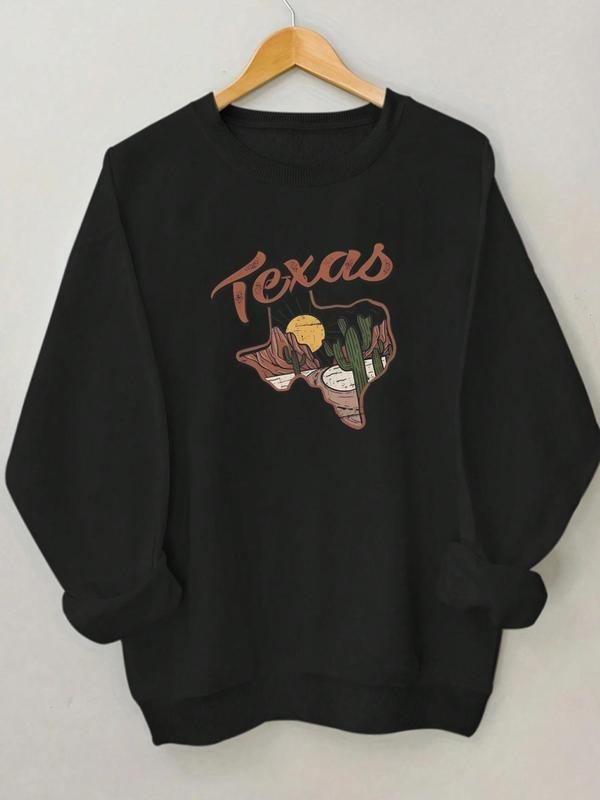 Women'WB shield Landscape & Letter Print Drop Shoulder Sweatshirt, Casual Long Sleeve Round Neck Pullover for Fall &...