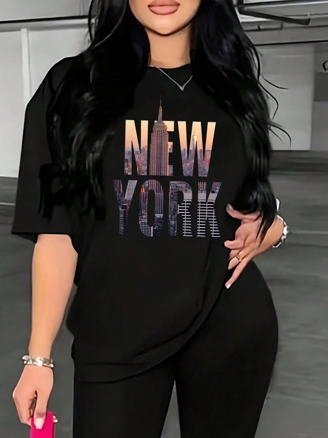 Women'WB shield Landscape & Letter Print Drop Shoulder Tee, Casual Fashion Round Neck Half Sleeve T-Shirt for Daily Wear,...